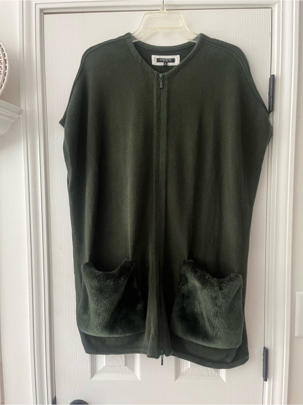 Lafayette 148 New York Green Wool & Cashmere Zip Knit Vest with Faux Fur Pockets
